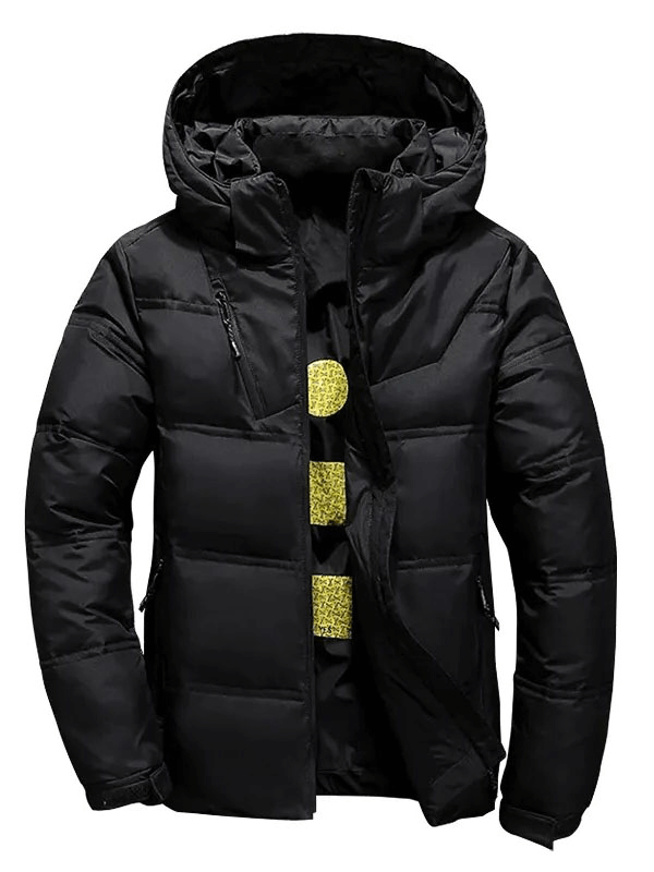 Men's insulated puffer jacket with removable hood, black, SF1981. Features white duck down filling, zipper, pockets for winter warmth.